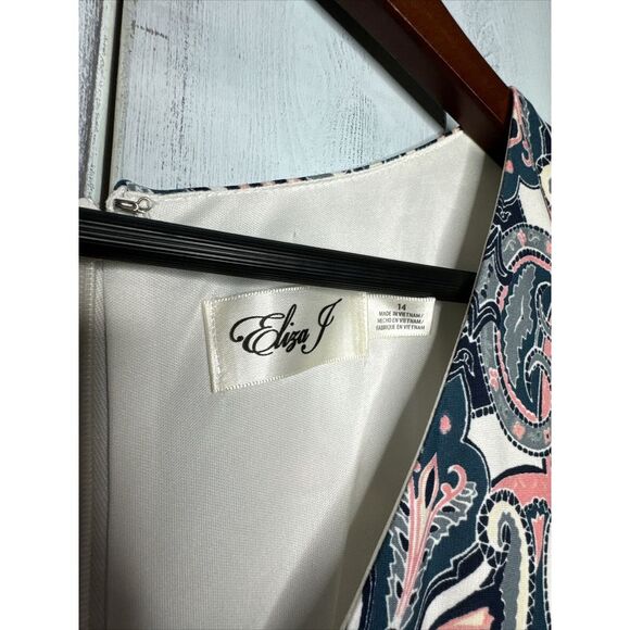 NWT ELIZA J BLUE PINK PAISLEY MOSAIC 3/4 SLEEVE STRETCH JERSEY SHIFT DRESS 14 - Picture 6 of 16